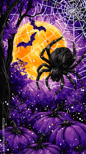 Spooky Halloween Scene with Giant Spider in Web Bats Flying Full Moon Purple Pumpkins Creepy Forest Vector Illustration for Horror Party and Autumn Events Decor