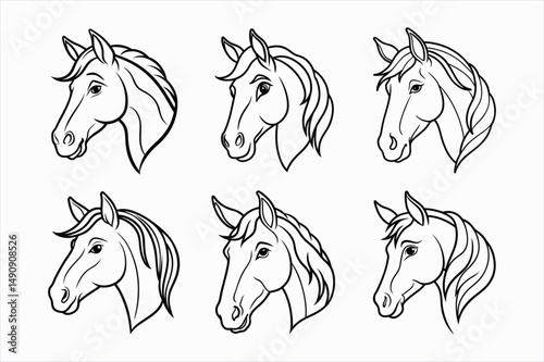set of horse head line art vector illustration