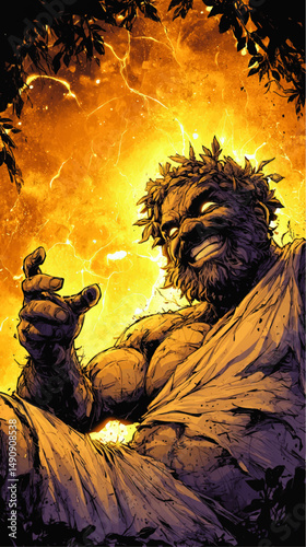 Powerful Vector Illustration of Mythical Greek God Zeus with Glowing Eyes and Thunderous Lightning in Epic Artistic Style Ideal for Mythology Graphic Design Projects