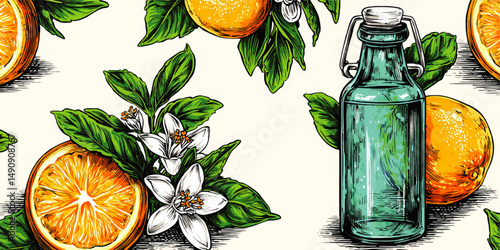 Vibrant Vintage Vector Illustration of Citrus Oranges Fresh Fruit Blossoms Green Leaves and Glass Bottle Botanical Floral Essential Oil Natural Skincare Ingredient