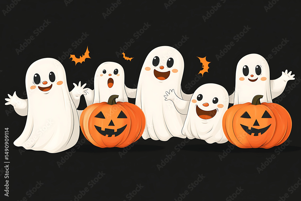 Fototapeta premium Playful cartoon ghosts celebrating Halloween with pumpkins and bats on a dark background