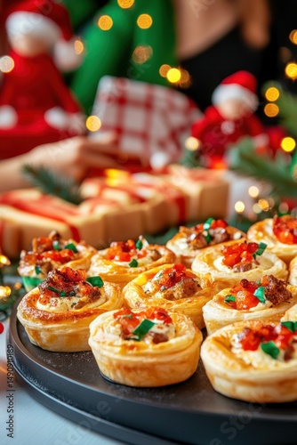 Festive friends gather in cozy living room, enjoying mini quiches and exchanging gifts in cheerful Christmas pajamas