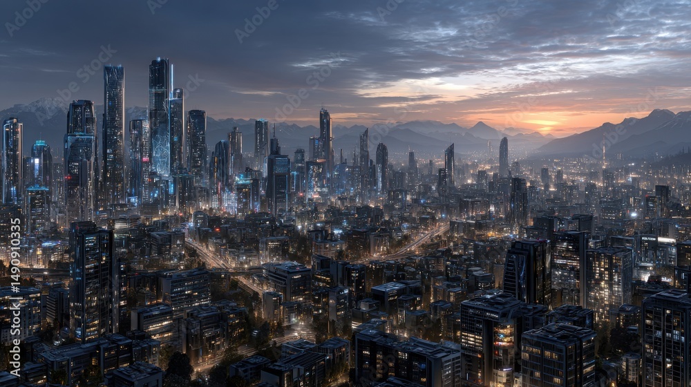Fototapeta premium Futuristic city skyline at dusk, towering buildings reflecting twilight, urban landscape with vibrant lights and dramatic clouds.