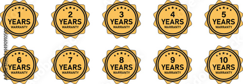 Warranty stamp. 1 to 10 years warranty label, logo, stamp, sign, badge, insignia vector illustration.