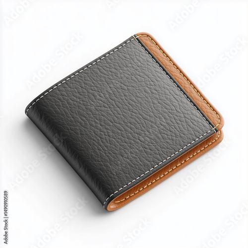 Stylish black leather wallet with tan accents on a white background   photo