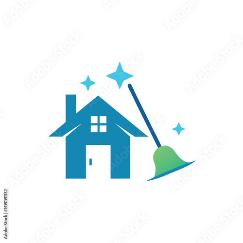 Home Cleaning Logo with Broom and Sparkling House Elements