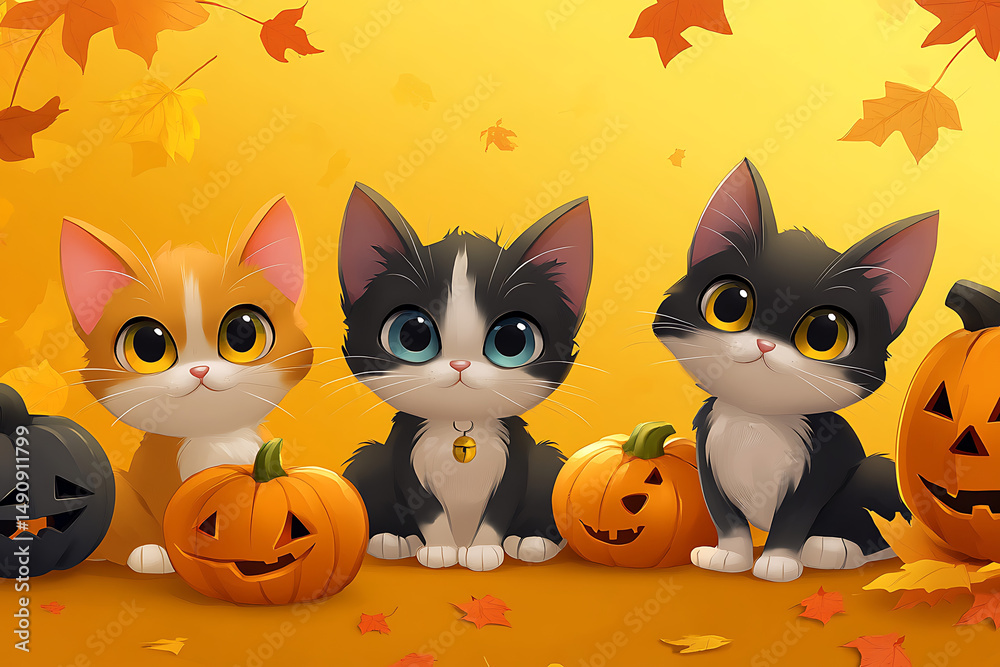 Fototapeta premium Three adorable cartoon kittens with pumpkins in a vibrant autumn setting surrounded by leaves