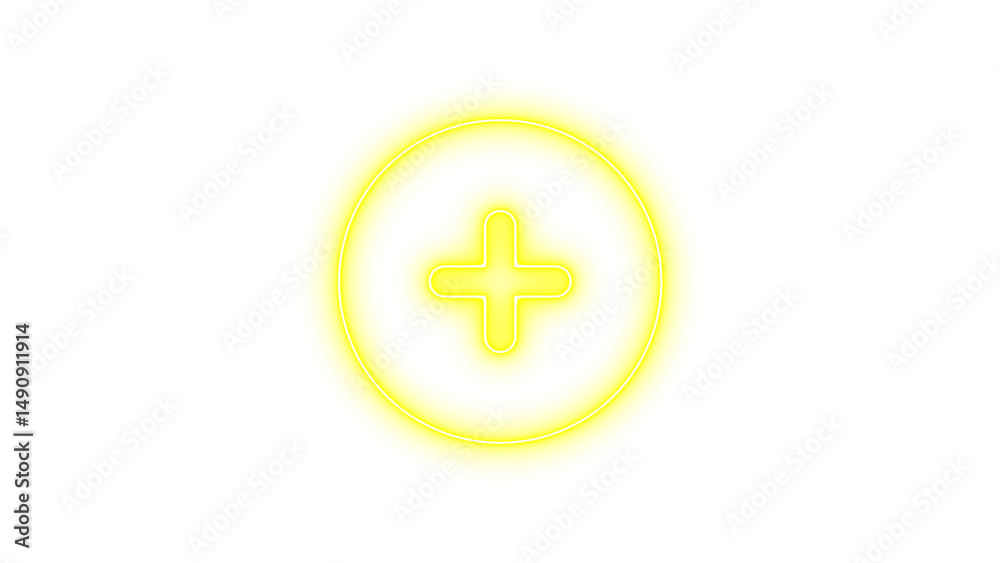 Obraz premium Glowing neon plus sign inside a circular frame on a black background
