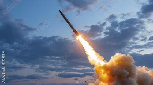 powerful missile launches into sky, leaving trail of fire and smoke against dramatic cloud filled backdrop