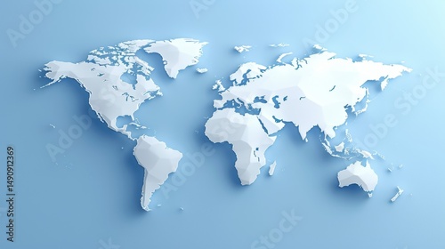 Minimalistic 3d world map with soft blue gradient background and simplified earth design