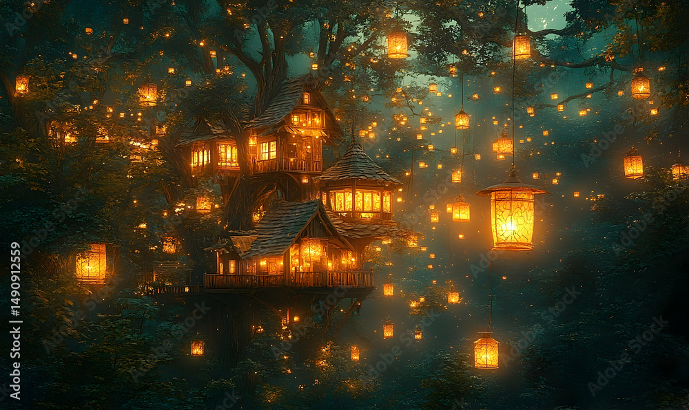 Naklejka premium Treehouse nestled in forest, illuminated by hanging lanterns, evoking magic and warmth in dreamy, cozy setting