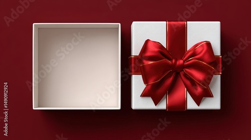 Top view of open white gift box with red satin ribbon bow on dark red background, elegant minimal composition