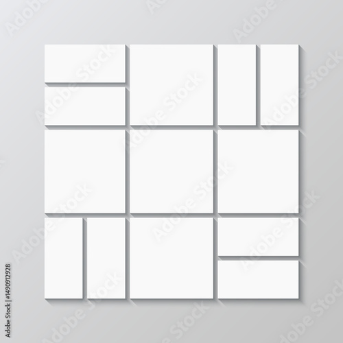 Mosaic picture frame. Mood board background. Gallery banner. Portfolio images mockup. Scrapbook brandboard template. Album moodboard grid. Photo collage square layout. Vector illustration