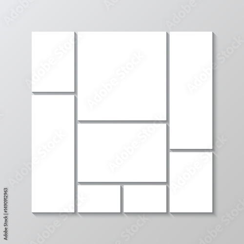 Photo collage banner. Mood board square background. Portfolio images mockup. Gallery scrapbook brandboard template. Album moodboard grid. Mosaic picture frame. Vector illustration