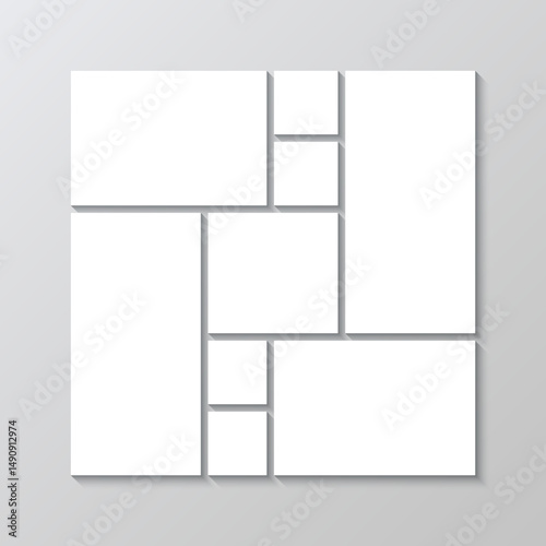 Photo collage brandboard template. Portfolio images mockup. Mood board background. Gallery banner. Scrapbook square layout. Album moodboard grid. Mosaic picture frame. Vector illustration