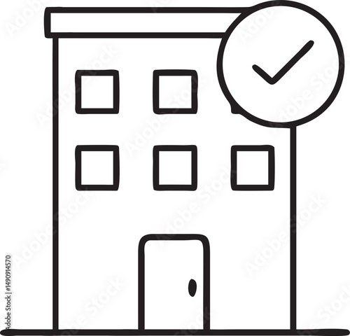 Bulding icon with tick mark. Building line icon.