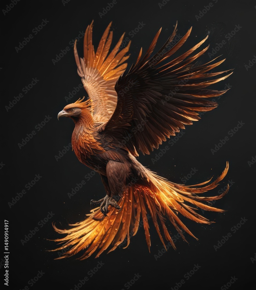 Fototapeta premium A majestic phoenix in mid-flight, feathers ablaze, set against a pure black background , smoke, fantasy