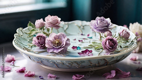 Wildflowers Emerging from Cracked Porcelain on Ceramic Plate