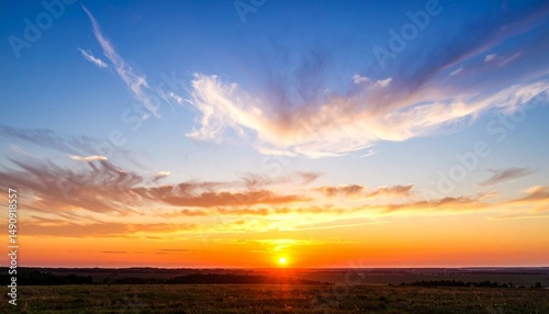 Sunset over Rural Field with Colorful Clouds