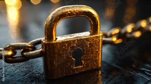 Gold padlock on chain closeup