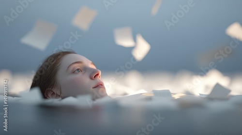 Drowning in a sea of glowing to-do lists under a surreal and dark sky filled with ethereal illumination