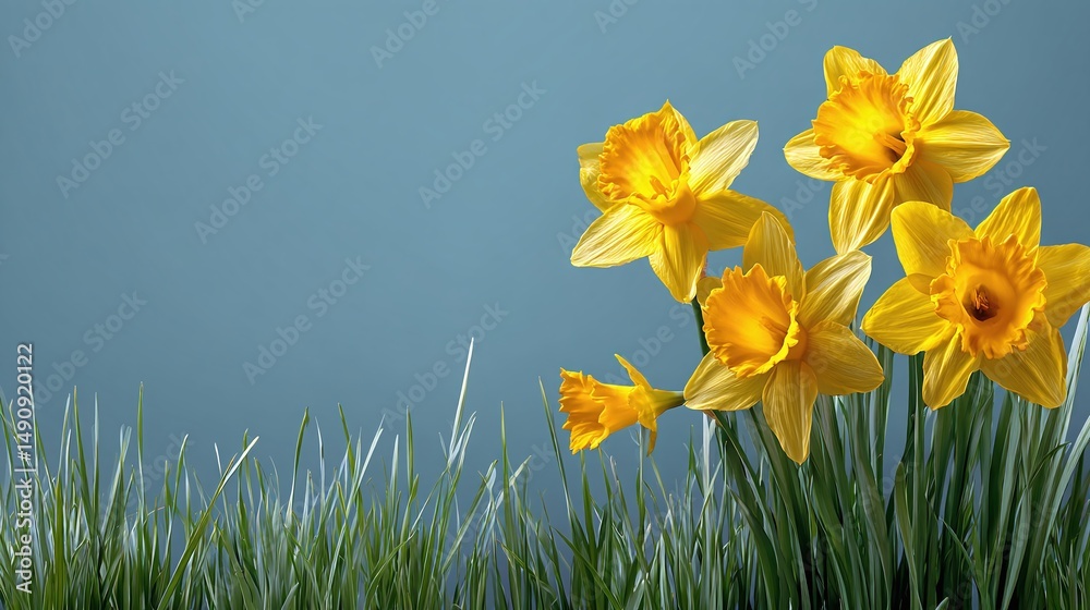 Fototapeta premium Radiant daffodils emerge from lush green grass, set against a serene blue backdrop, embodying the essence of spring and renewal.