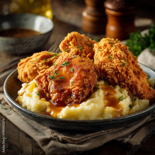 A plate of golden crispy fried chicken with mashed potatoes and gravy