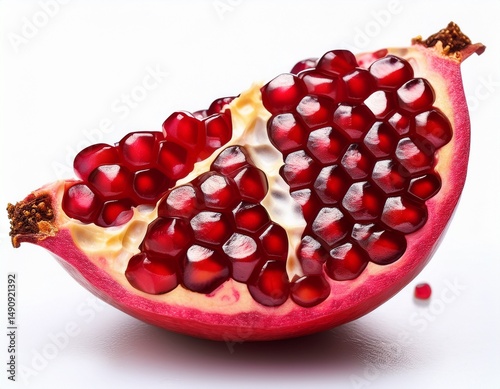 juicy slice of fresh pomegranate with glimmering red seeds isolated on white background