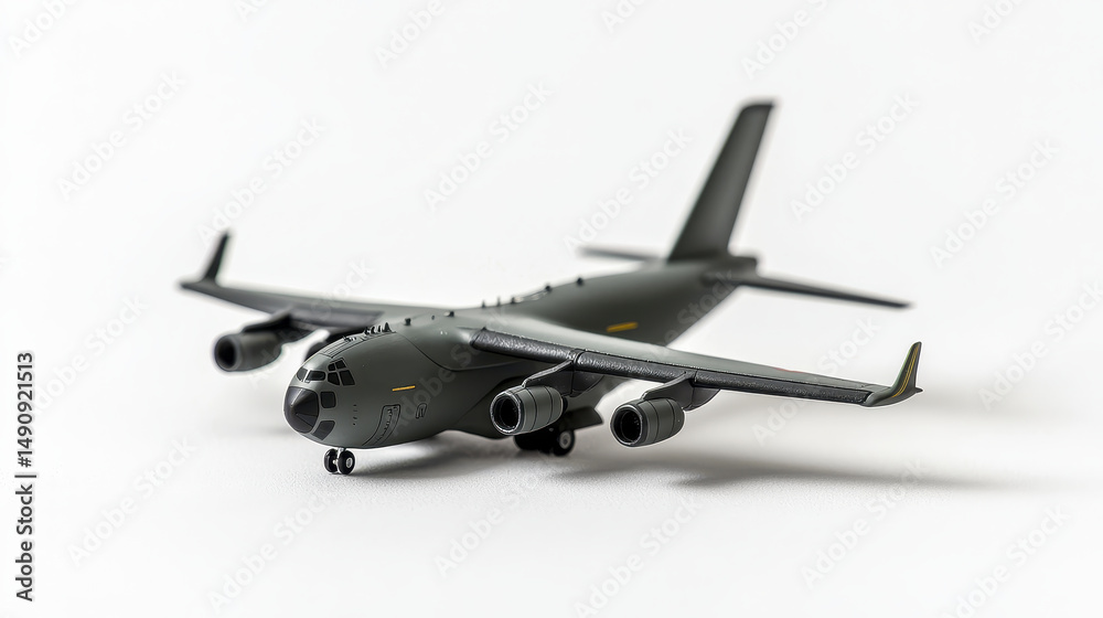 Fototapeta premium detailed model of military aircraft in sleek gray color, showcasing its unique design and features. This miniature captures essence of aviation