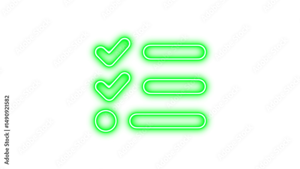 Fototapeta premium Neon checklist icon with checkmarks and a circle, Neon list check icon glow with transparent background
