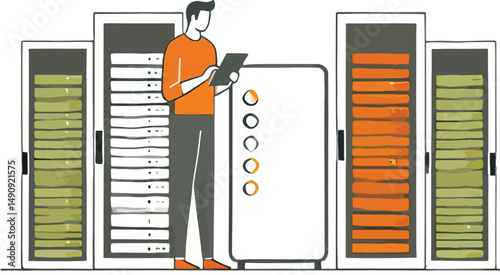 Data center administrator inspecting server racks and data storage for system management