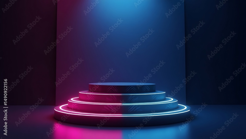 Fototapeta premium Neon Stage Display Platform Product Presentation Mockup with Pink and Blue Lighting