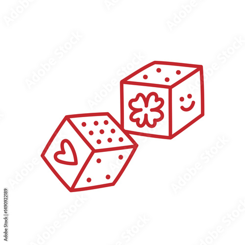 Pair of dice with clover leaf, heart and smiling face. Сubes symbol of luck. Coquette hand drawn doodle element. Vintage tattoo design. Vector isolated clip art