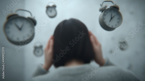 Floating alarm clocks create a surreal cacophony as a person struggles to find peace in a dreamlike room filled with dissonance
