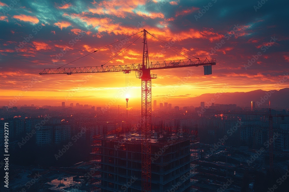 Naklejka premium Construction crane silhouetted against a vibrant sunset over a city skyline during a warm evening