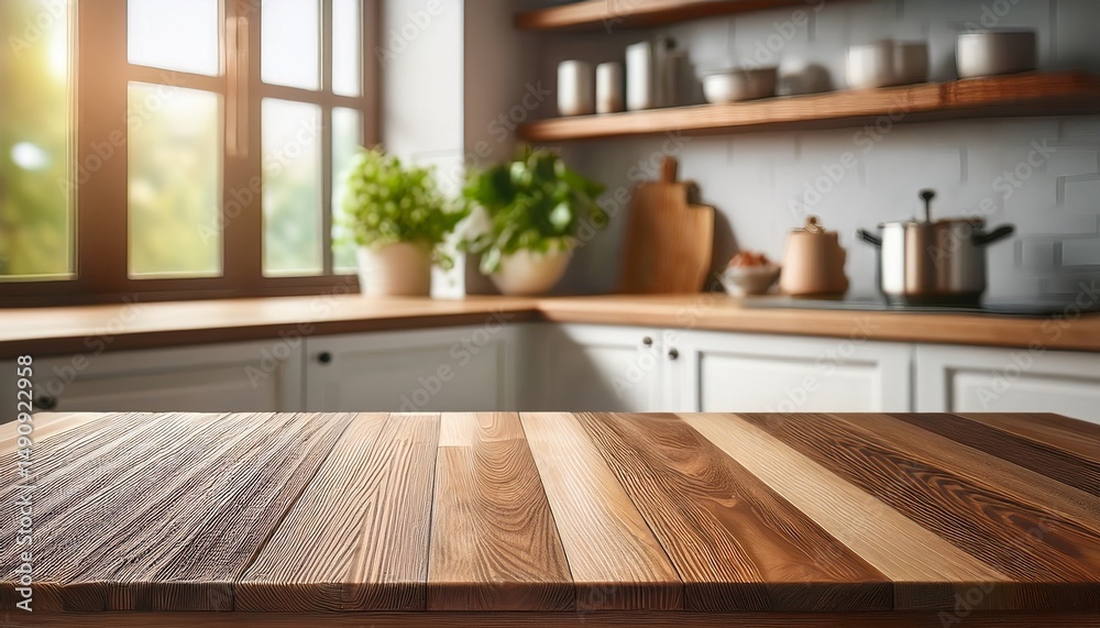 Fototapeta premium empty wooden table surface with blurred window sill and kitchen shelf backdrop