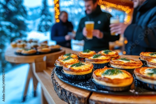 Holiday gathering with friends enjoying mini quiches by a cozy snowy window