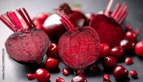 close up of vibrant red beets dark cherries and pomegranate seeds anti inflammatory healthy circulation