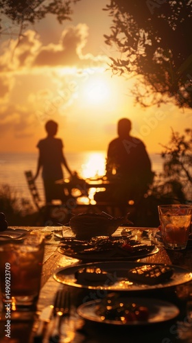Savoring flavors of a sunset picnic with family amidst a warm, golden glow