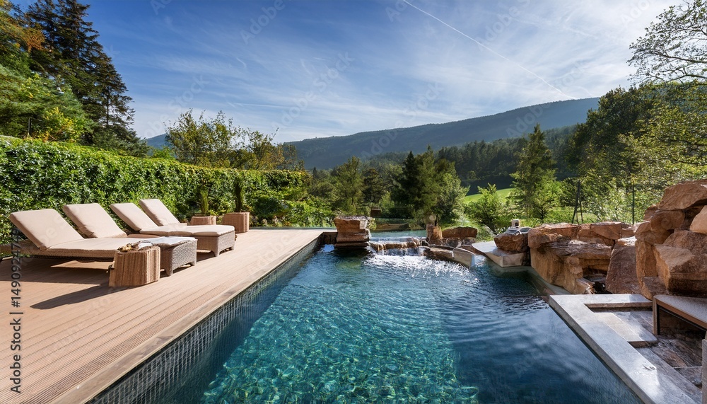 Obraz premium mountain stream cascading into clear poolmodern luxurious lounge area with garden views