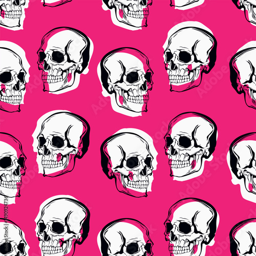 Seamless vector print in punk style. On a bright pink background, hand-drawn stylized skulls with a white background. This crazy print will decorate any music project.