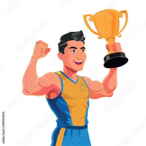 Young smiling man athlete champion holds golden winner cup, awarded with prize, win award. Concept of goal achievement celebration.