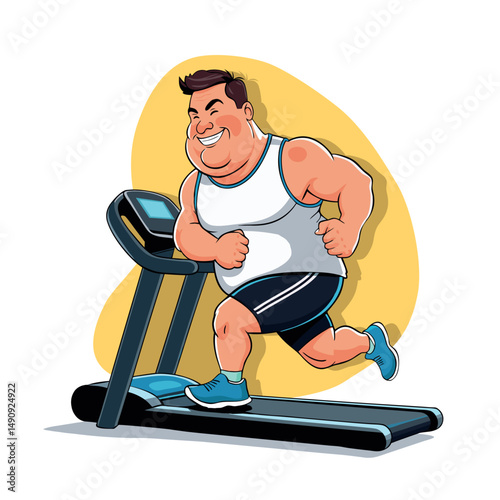 Overweight man character runs on treadmill and smile. Vector cartoon illustration
