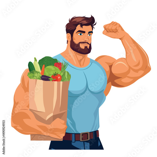 Man bodybuilder holding natural vegetables in grocery paper bag. Bearded vegan man eat organic products. Vegetarian, vegan nutrition concept. Eco Vector illustration