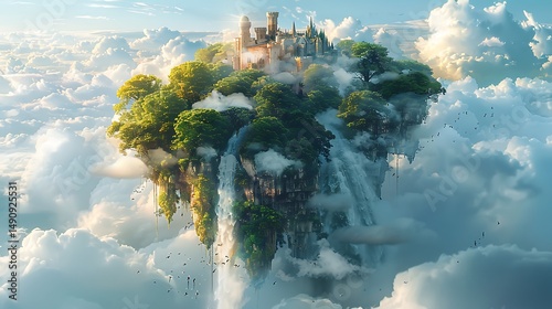 Fototapeta Naklejka Na Ścianę i Meble -  Floating island castle in clouds