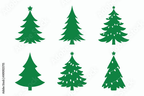 Six Green Christmas Tree Silhouettes with and without Lights