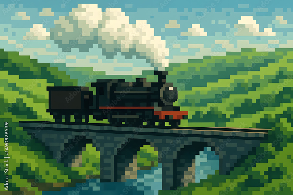 Fototapeta premium 8-Bit Pixel Train Crossing Countryside Bridge
