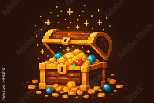8-Bit Pixel Treasure Chest Opening With Sparkles