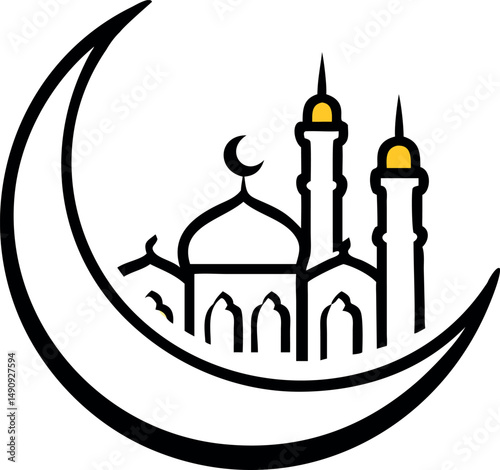 Mosque with Moon line art.