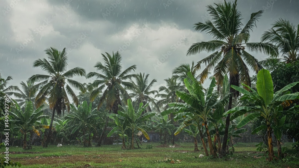 Fototapeta premium Monsoon rainstorm in Indian village with trees and muddy fields rain wallpaper 4k | rain aesthetic wallpaper 4k | rain frog | rain news weather report monsoon